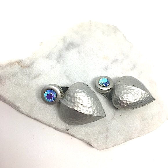 Hammered Silver Tone Steel Heart and Iridescent Rhinestone Clip On Earrings - Picture 7 of 14